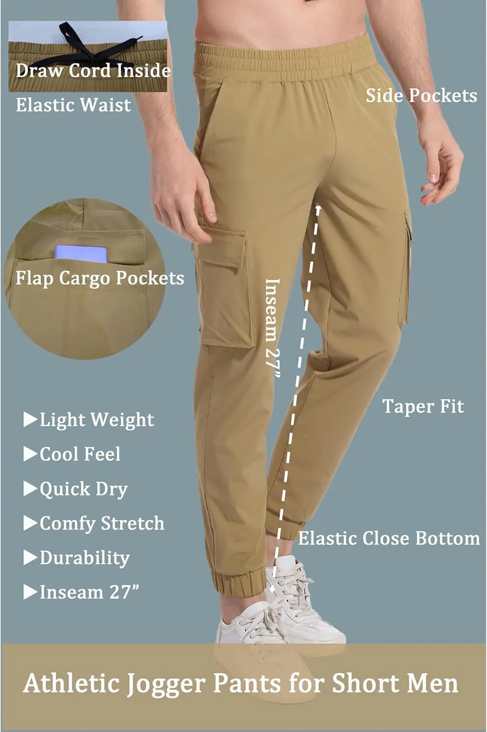 27" Cargo Joggers for Short Men Athletic Hiking Pants Casual Lightweight Sweatpants with Pockets