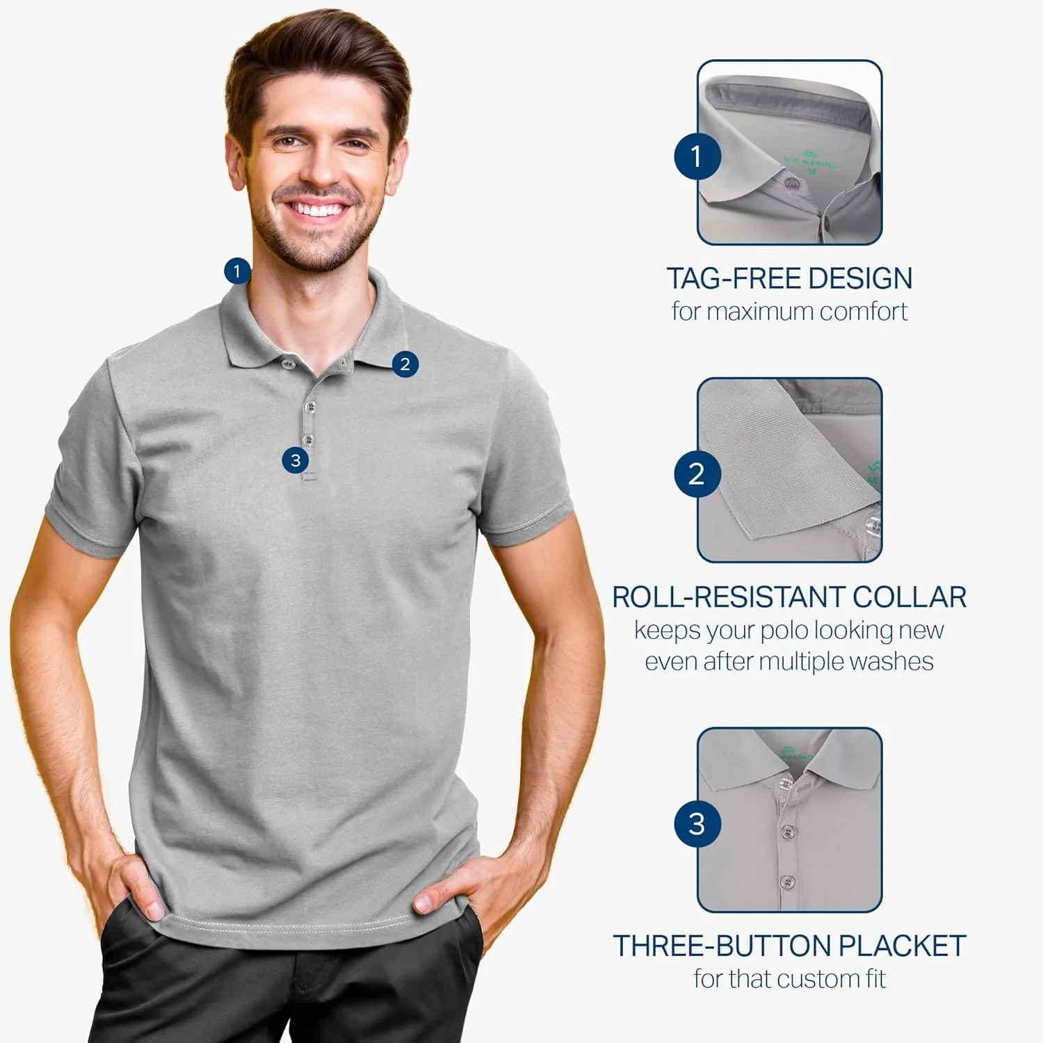 [3 Pack] Mio Marino Golf Polo Shirts for Men - Dry Fit - Ultra-Light Fabric