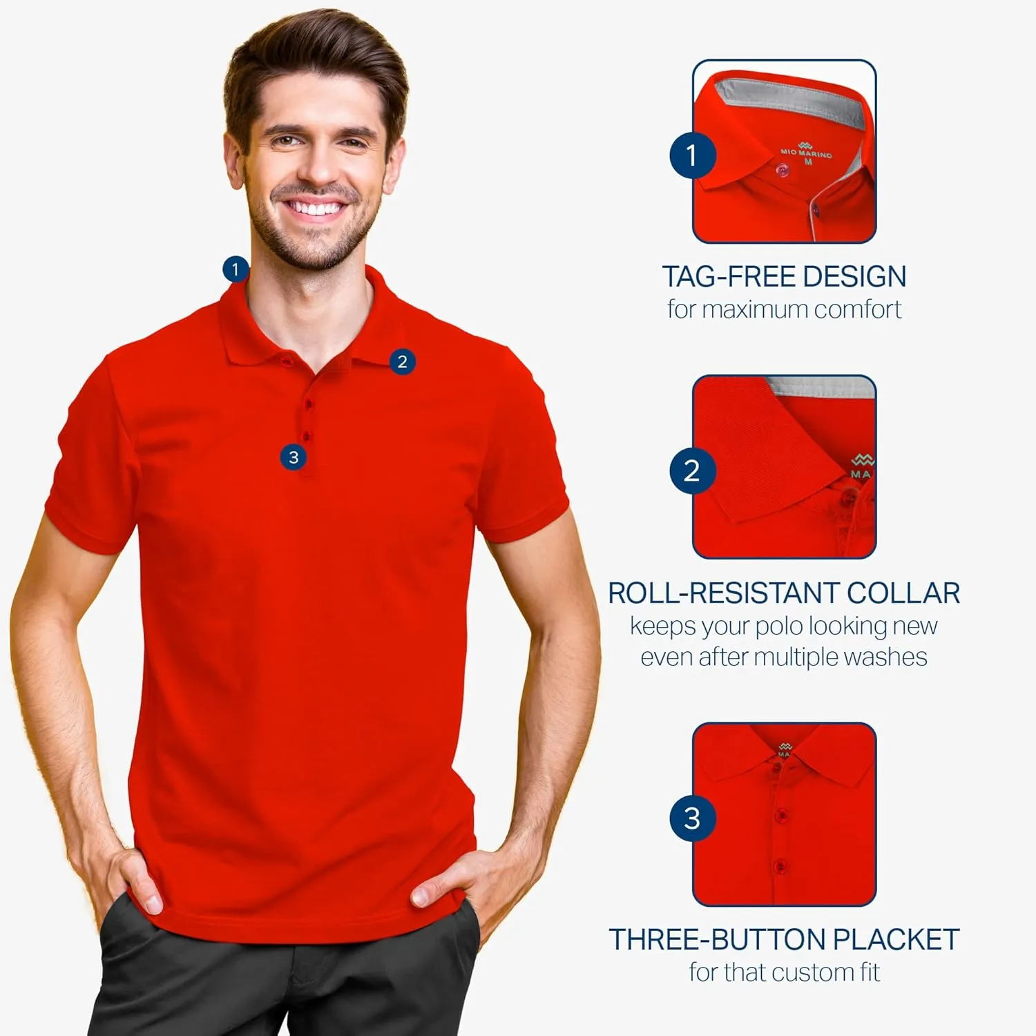 [3 Pack] Mio Marino Golf Polo Shirts for Men - Dry Fit - Ultra-Light Fabric