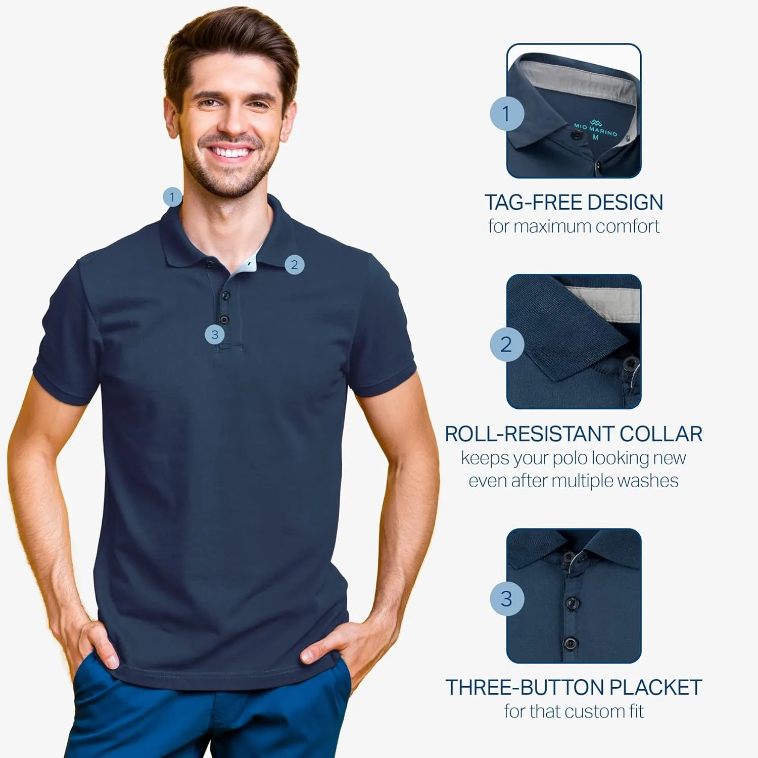 [3 Pack] Mio Marino Golf Polo Shirts for Men - Dry Fit - Ultra-Light Fabric