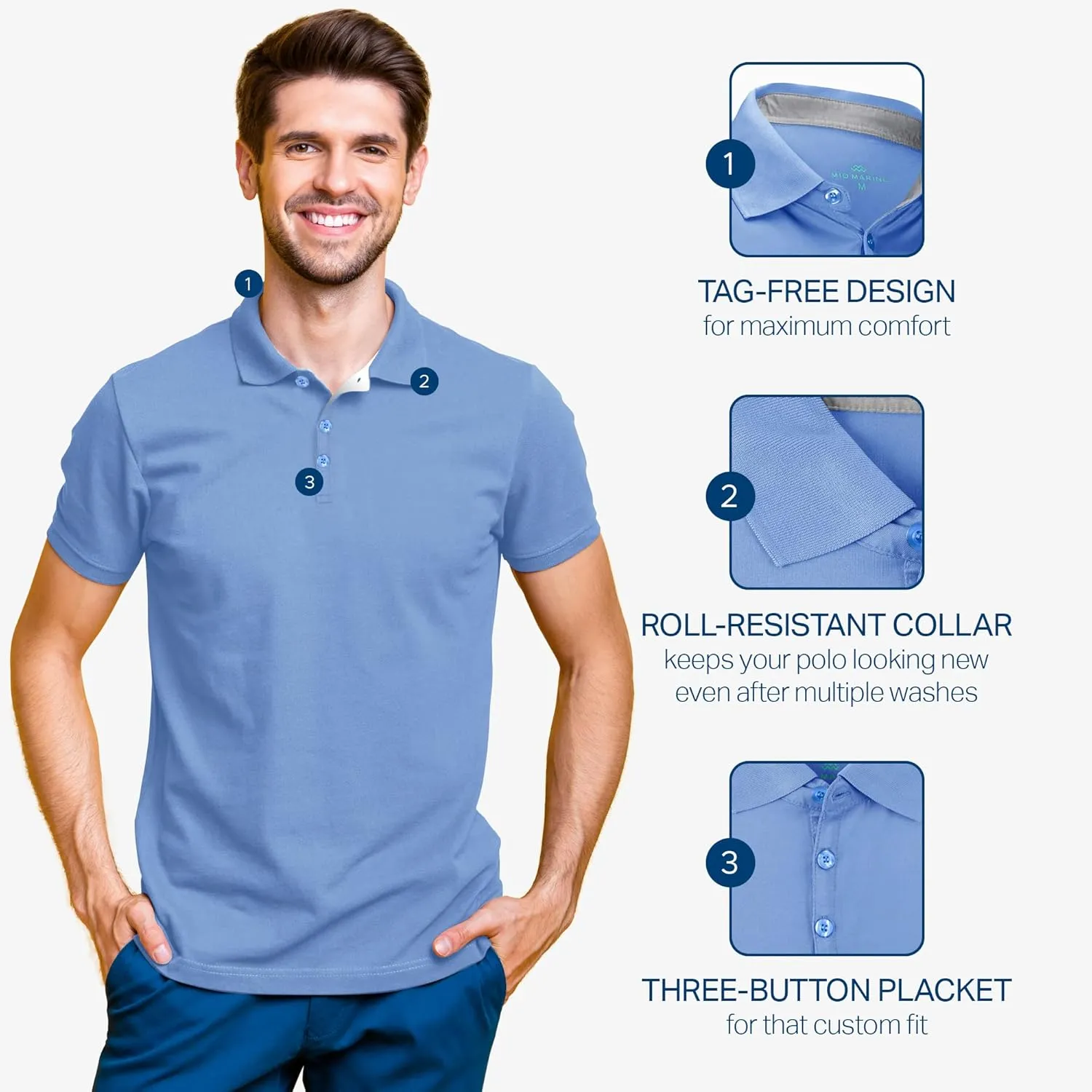 [3 Pack] Mio Marino Golf Polo Shirts for Men - Dry Fit - Ultra-Light Fabric