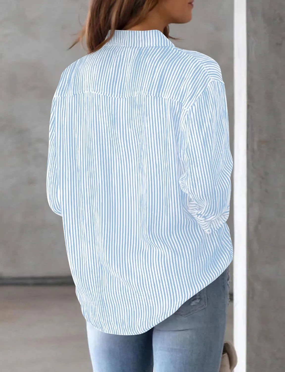 AISEW Womens Button Down Shirts Striped Classic Long Sleeve Collared Office Work Blouses Tops with Pocket
