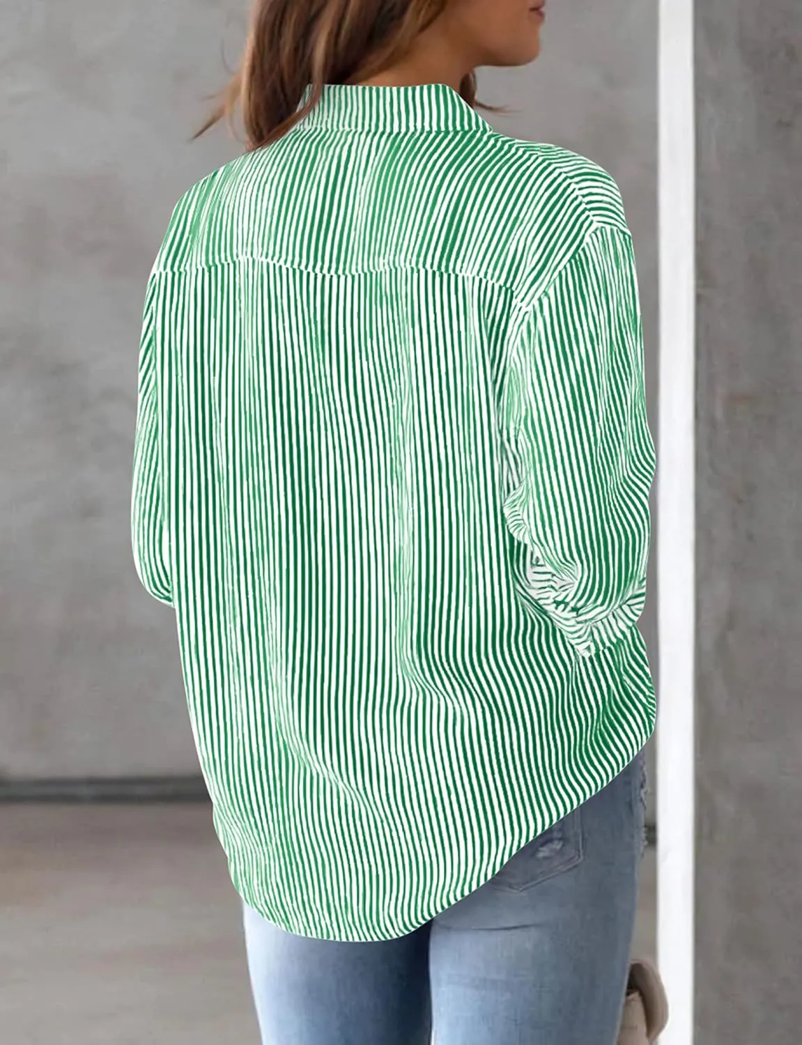AISEW Womens Button Down Shirts Striped Classic Long Sleeve Collared Office Work Blouses Tops with Pocket