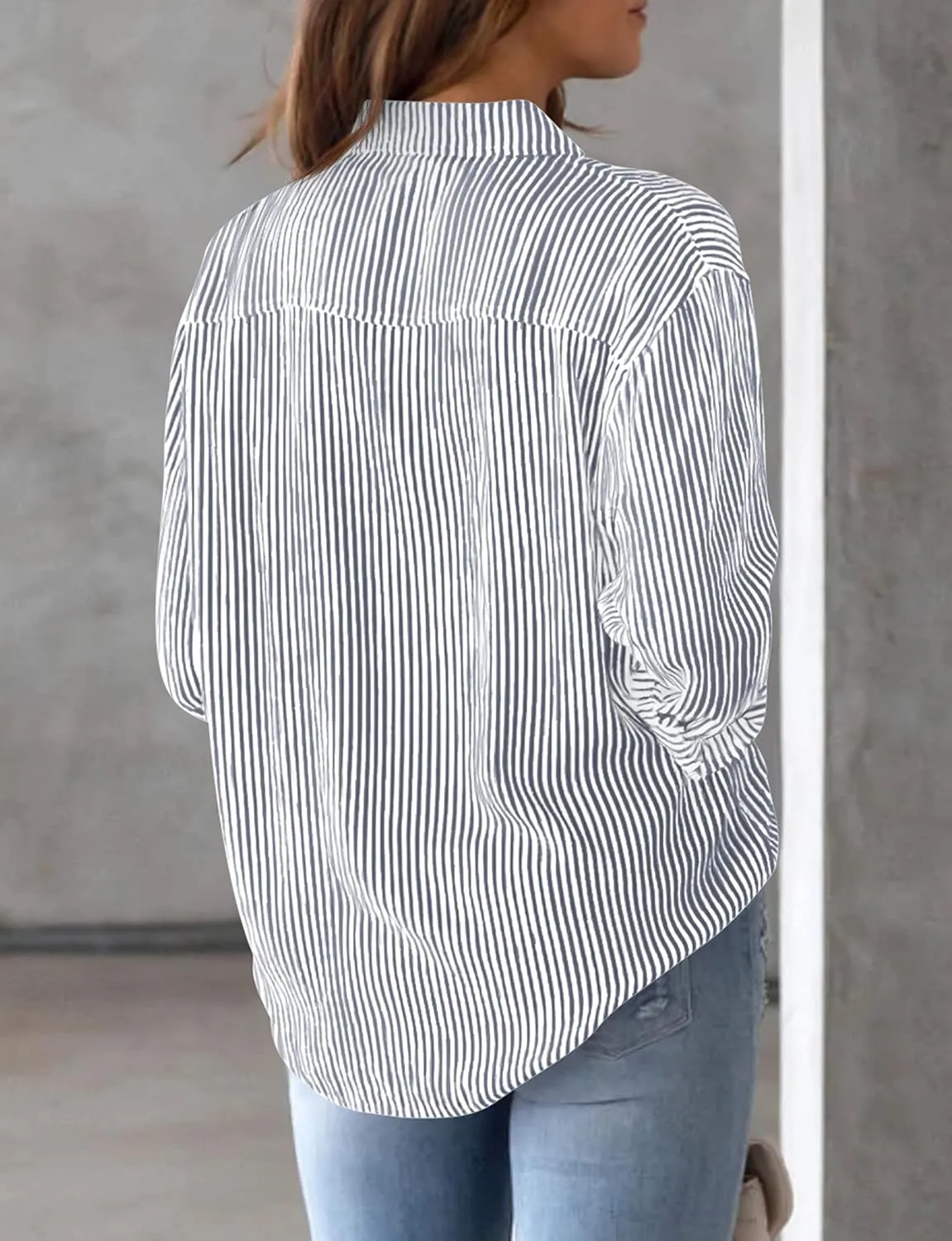 AISEW Womens Button Down Shirts Striped Classic Long Sleeve Collared Office Work Blouses Tops with Pocket