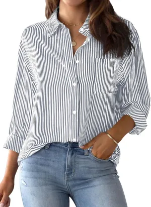 AISEW Womens Button Down Shirts Striped Classic Long Sleeve Collared Office Work Blouses Tops with Pocket