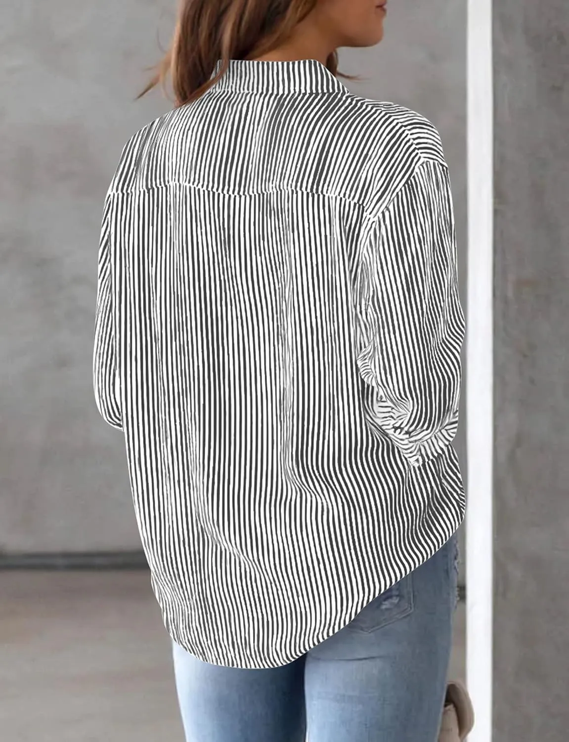 AISEW Womens Button Down Shirts Striped Classic Long Sleeve Collared Office Work Blouses Tops with Pocket