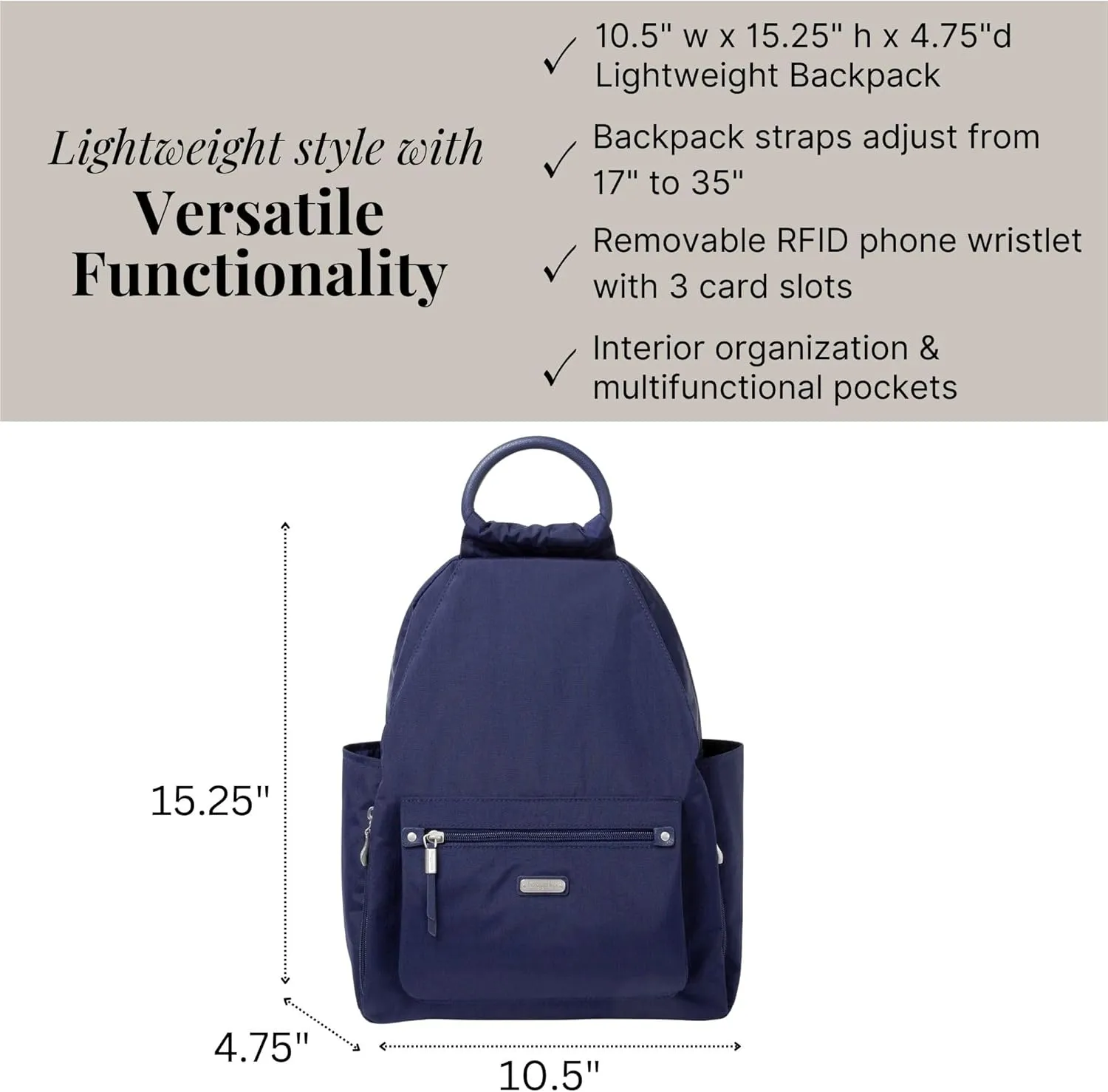 Baggallini Womens With Rfid Phone Wristlet All Day Backpack, Navy, One Size US