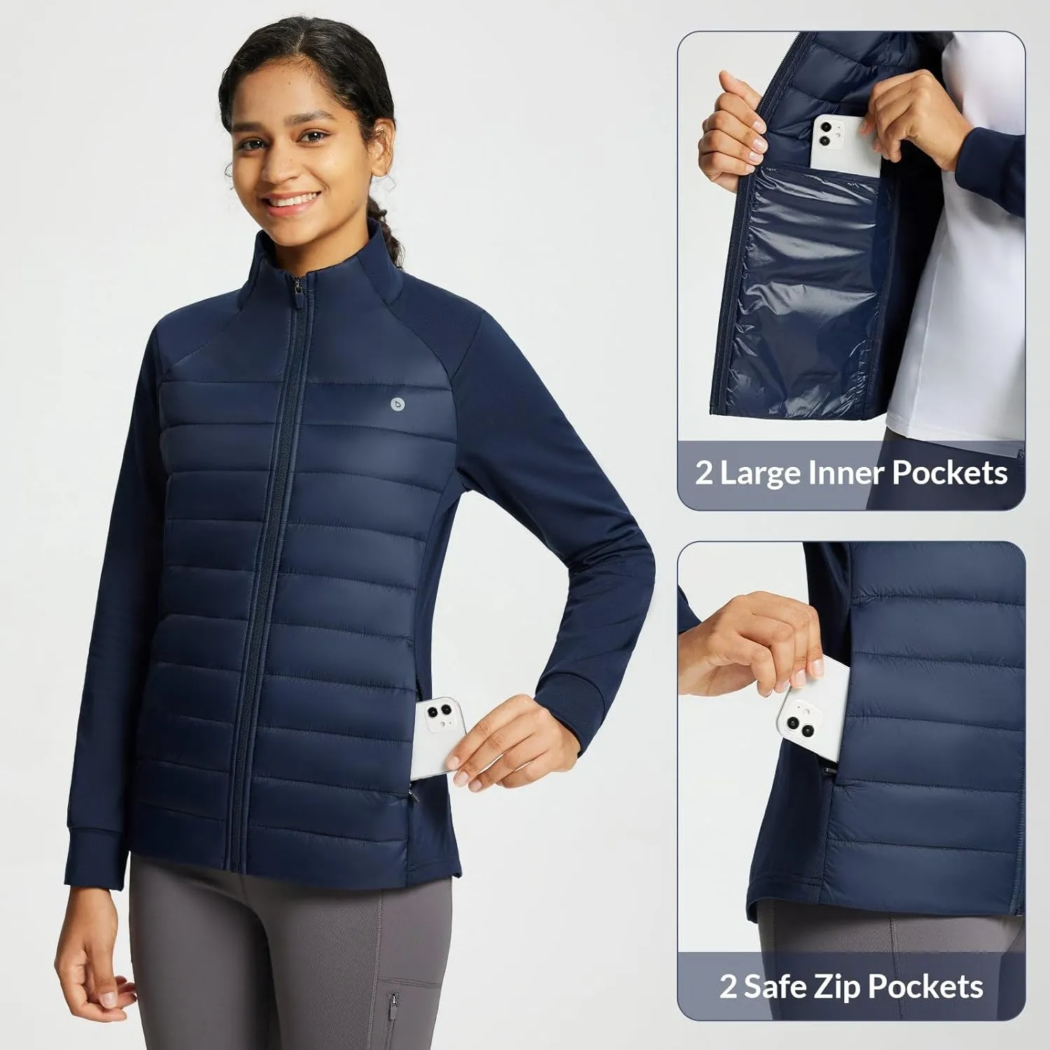 baleaf Women's Lightweight Warm Jacket Running Insulated Water Resistant Fall Jackets Winter Hiking Hybrid Puffer Coat