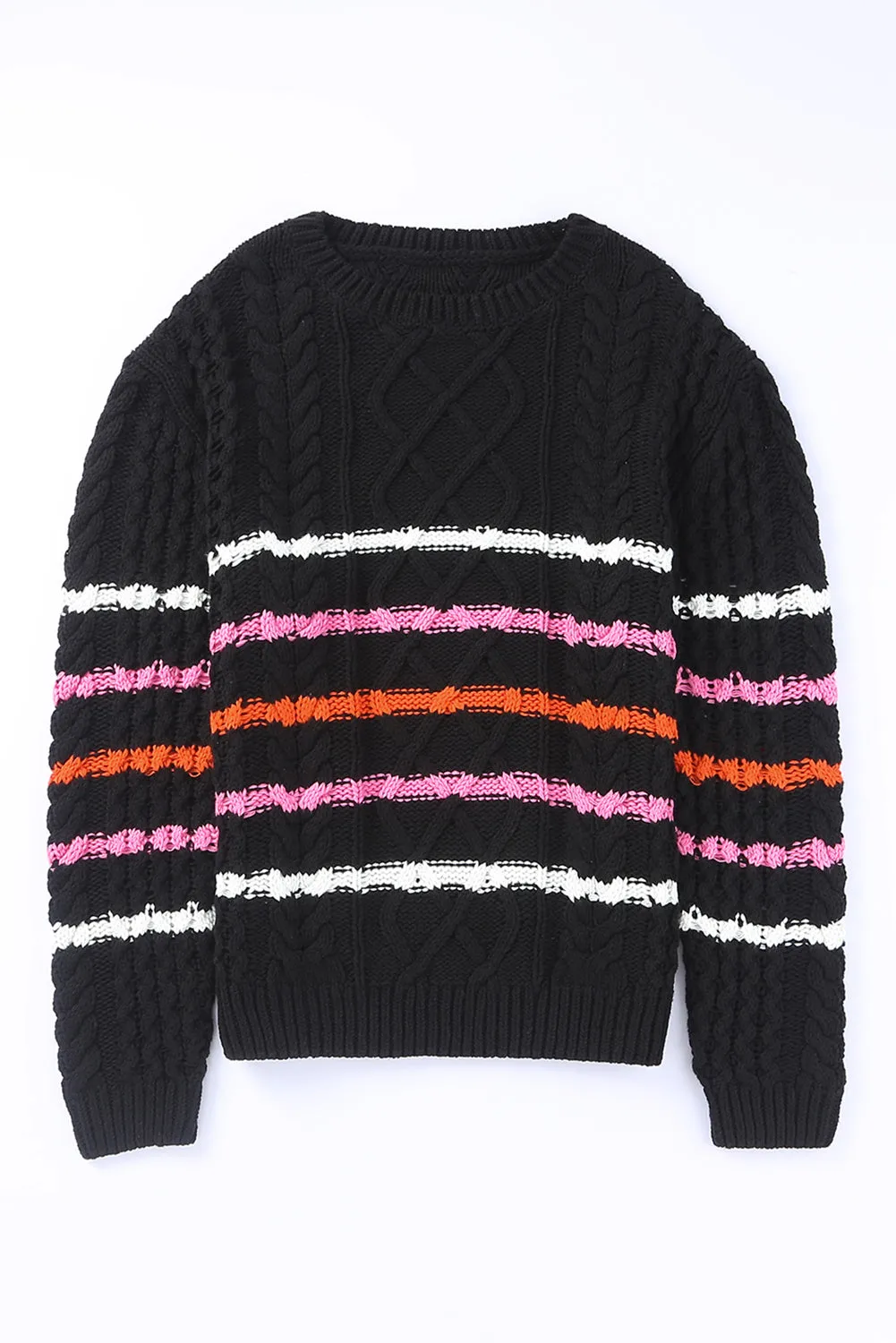 Black Striped Color Block Textured Knit Pullover Sweater