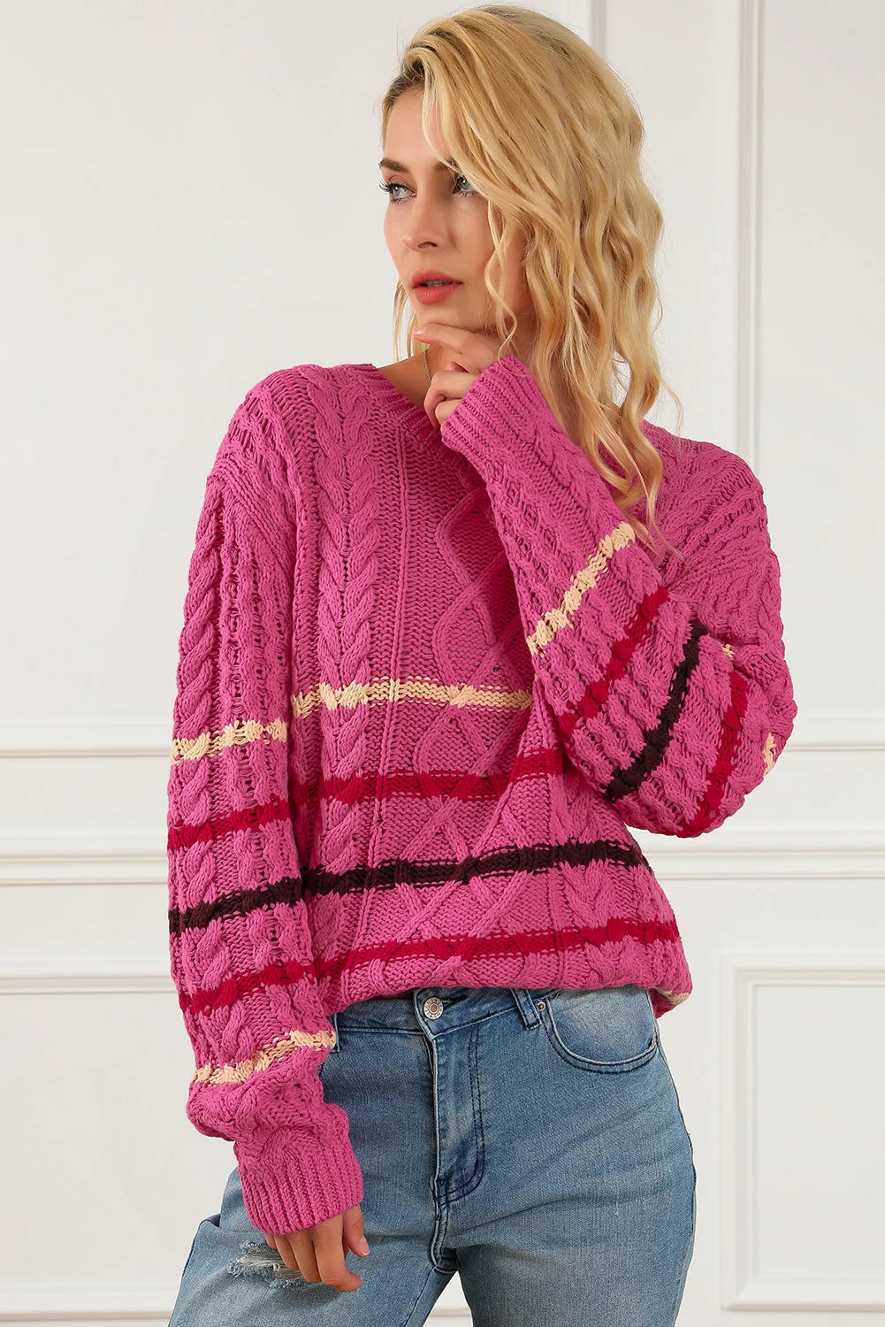 Black Striped Color Block Textured Knit Pullover Sweater