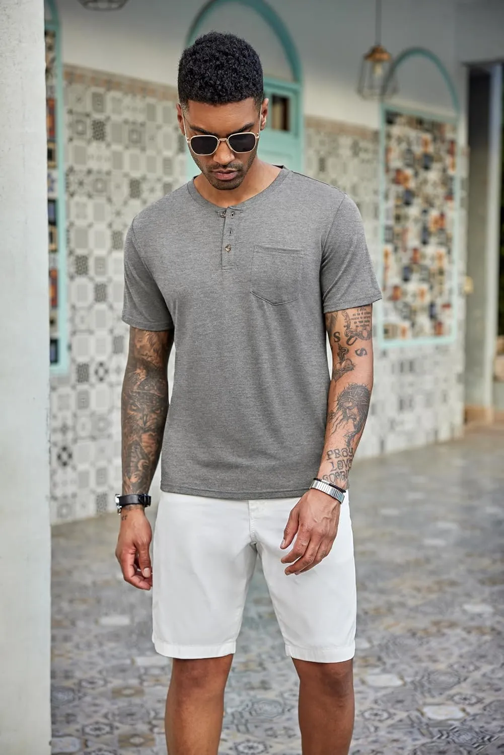 COOFANDY Men's 3 Pack Henley Shirts Short Sleeve Casual Basic Tees Classic Henley Summer Solid T Shirts with Pocket