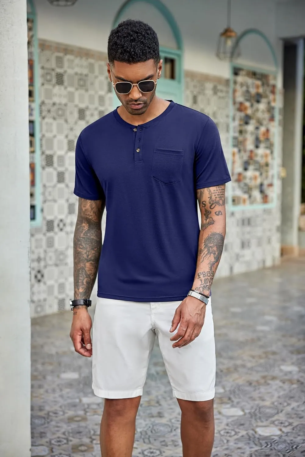 COOFANDY Men's 3 Pack Henley Shirts Short Sleeve Casual Basic Tees Classic Henley Summer Solid T Shirts with Pocket