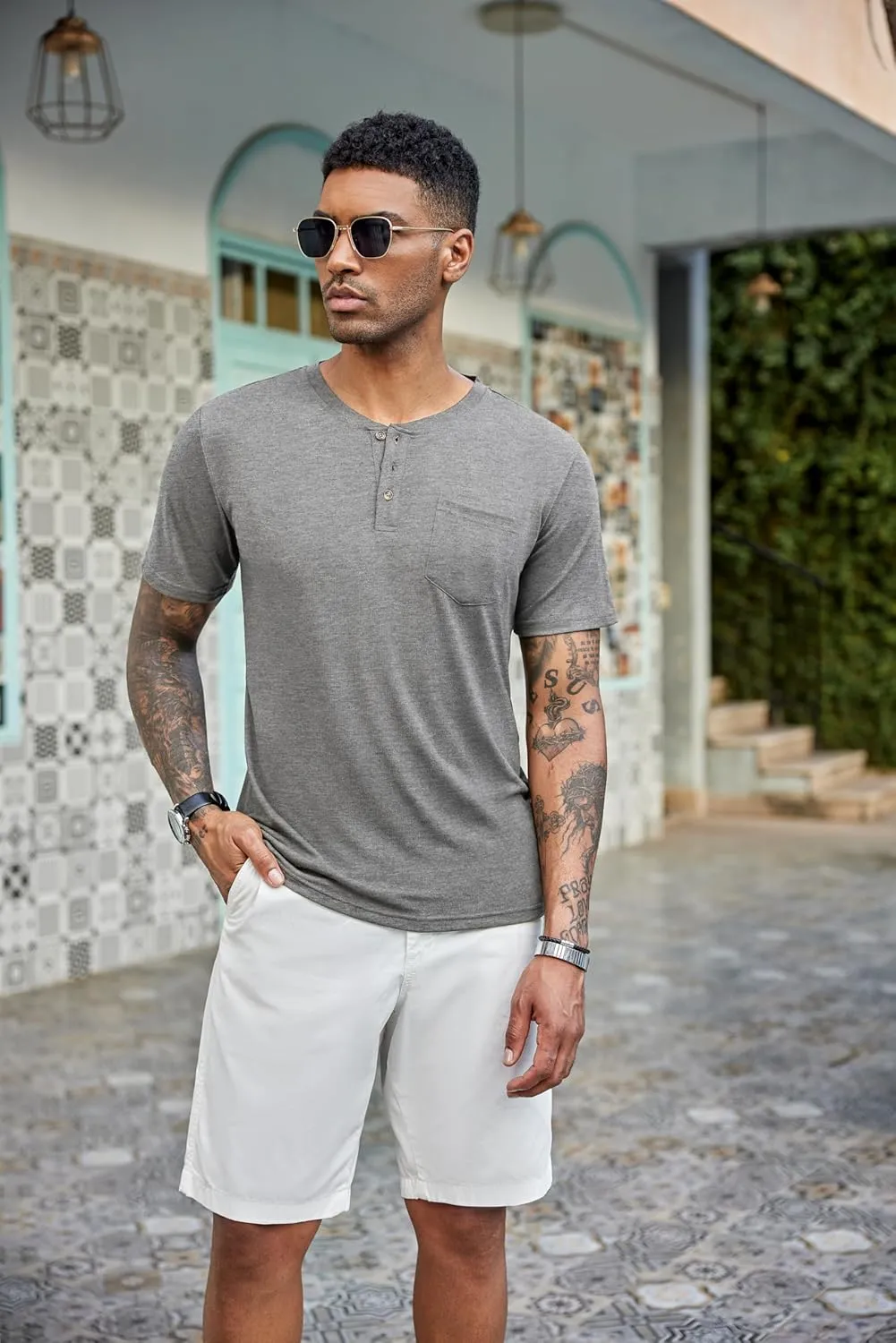 COOFANDY Men's 3 Pack Henley Shirts Short Sleeve Casual Basic Tees Classic Henley Summer Solid T Shirts with Pocket