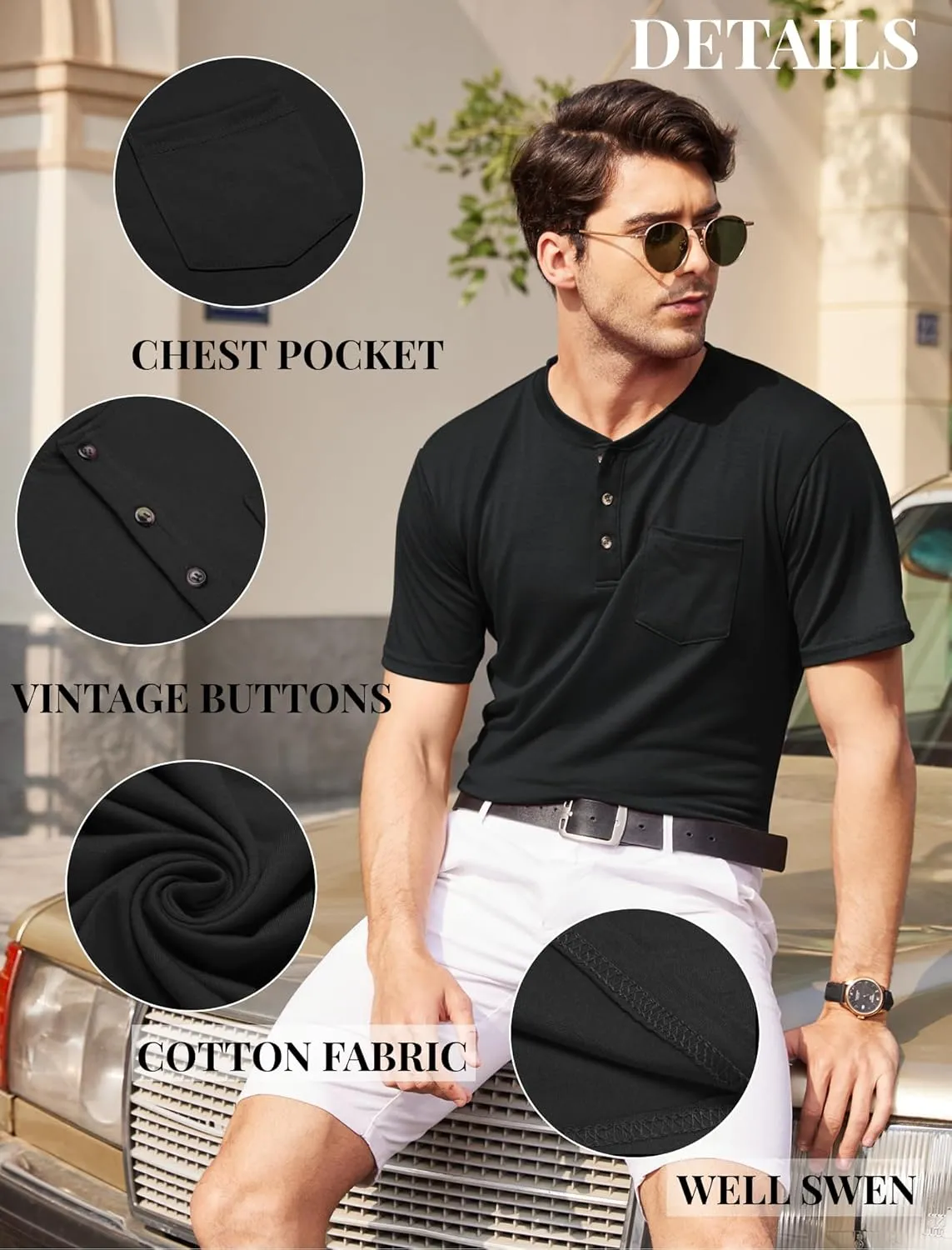COOFANDY Men's 3 Pack Henley Shirts Short Sleeve Casual Basic Tees Classic Henley Summer Solid T Shirts with Pocket