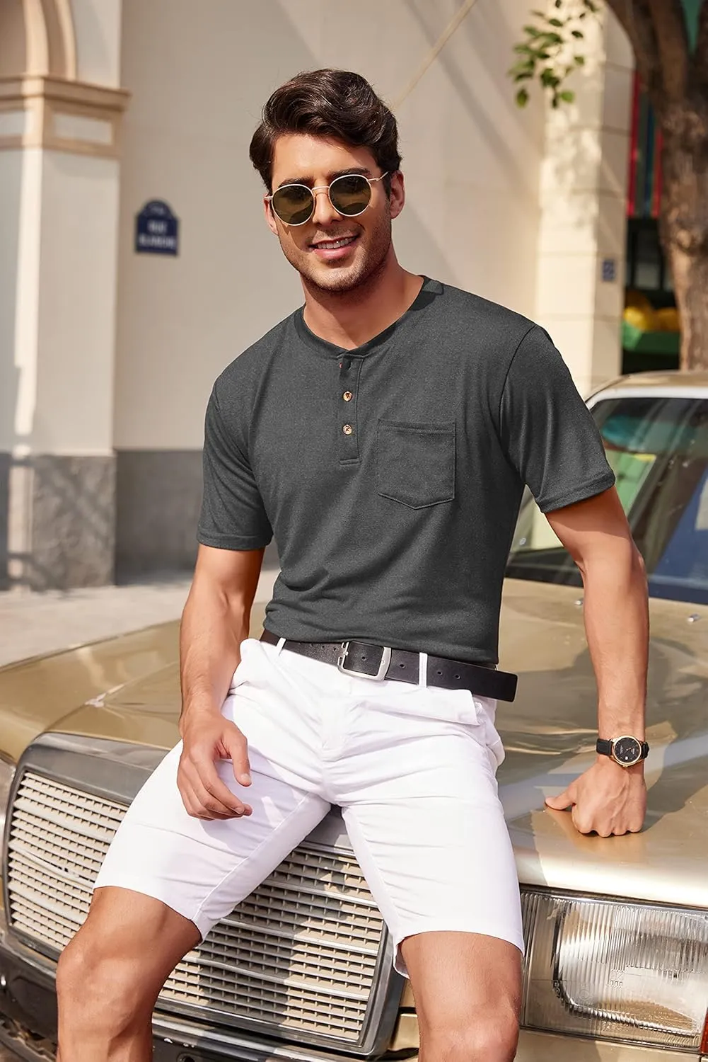 COOFANDY Men's 3 Pack Henley Shirts Short Sleeve Casual Basic Tees Classic Henley Summer Solid T Shirts with Pocket