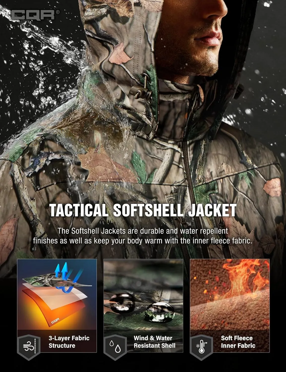 CQR Men's Fleece Lined Tactical Softshell Jackets, Lightweight Water Resistant Hunting Hiking Jacket, Winter Outdoor Jacket