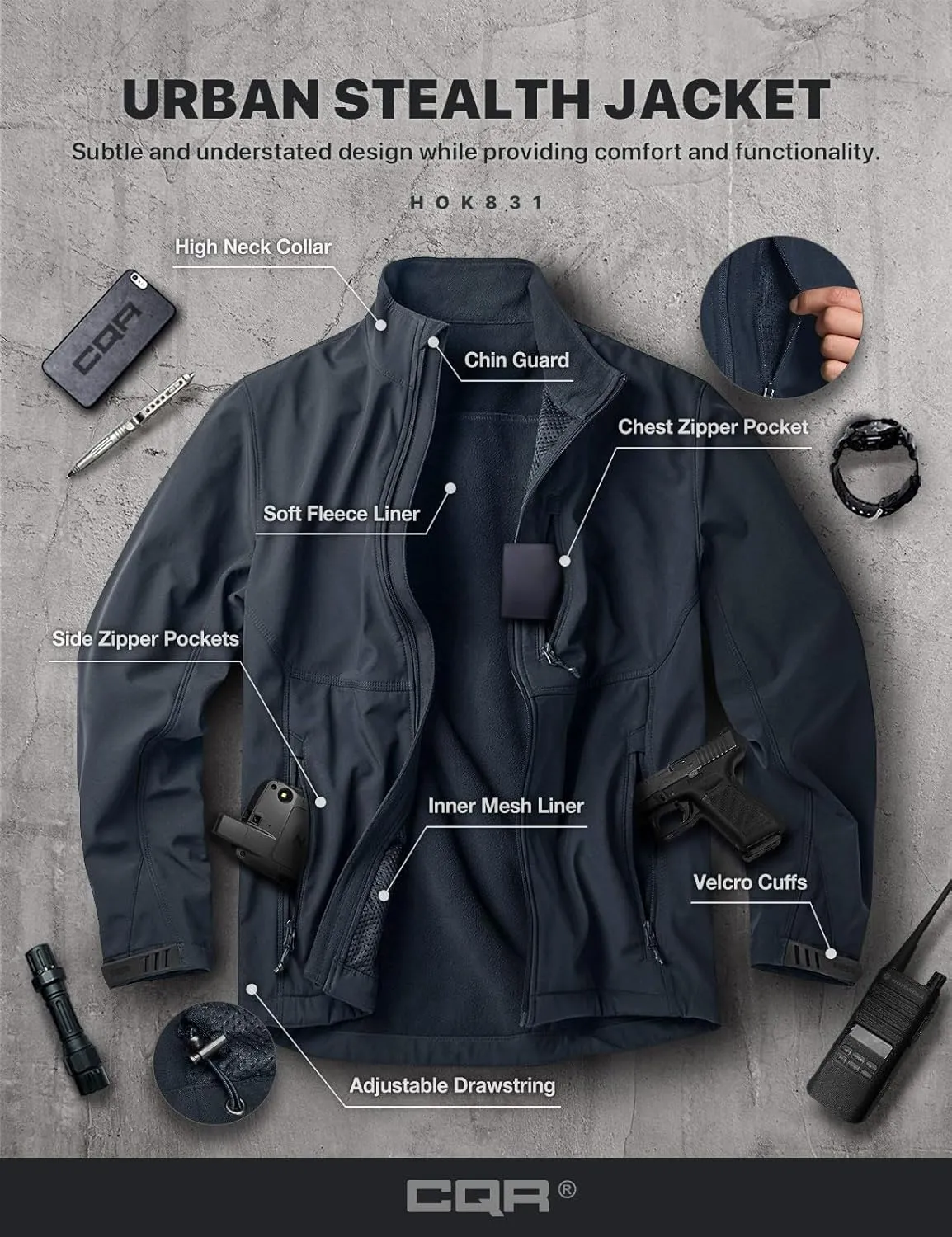 CQR Men's Fleece Lined Tactical Softshell Jackets, Lightweight Water Resistant Hunting Hiking Jacket, Winter Outdoor Jacket