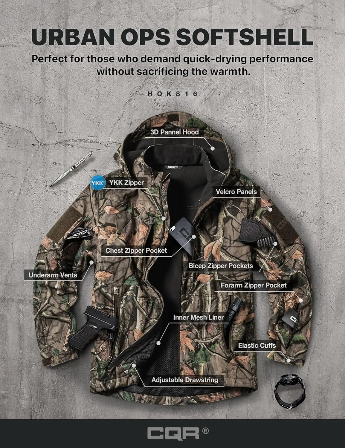 CQR Men's Fleece Lined Tactical Softshell Jackets, Lightweight Water Resistant Hunting Hiking Jacket, Winter Outdoor Jacket