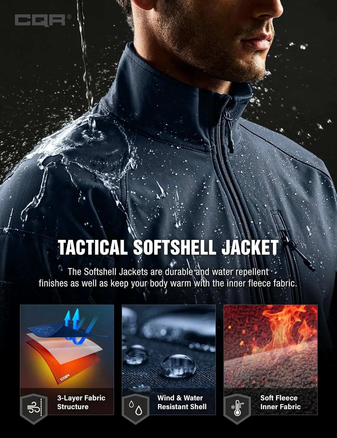 CQR Men's Fleece Lined Tactical Softshell Jackets, Lightweight Water Resistant Hunting Hiking Jacket, Winter Outdoor Jacket