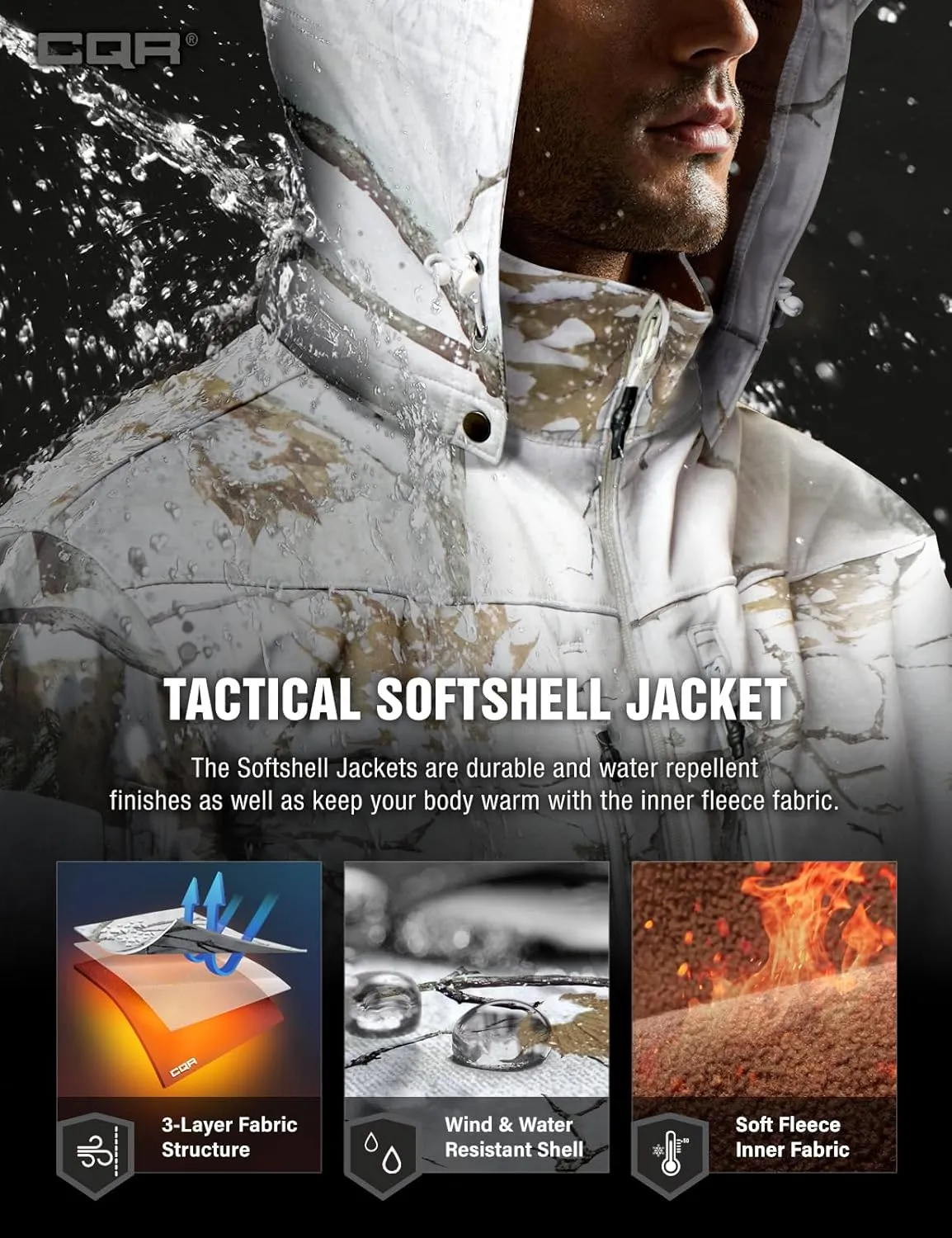 CQR Men's Fleece Lined Tactical Softshell Jackets, Lightweight Water Resistant Hunting Hiking Jacket, Winter Outdoor Jacket