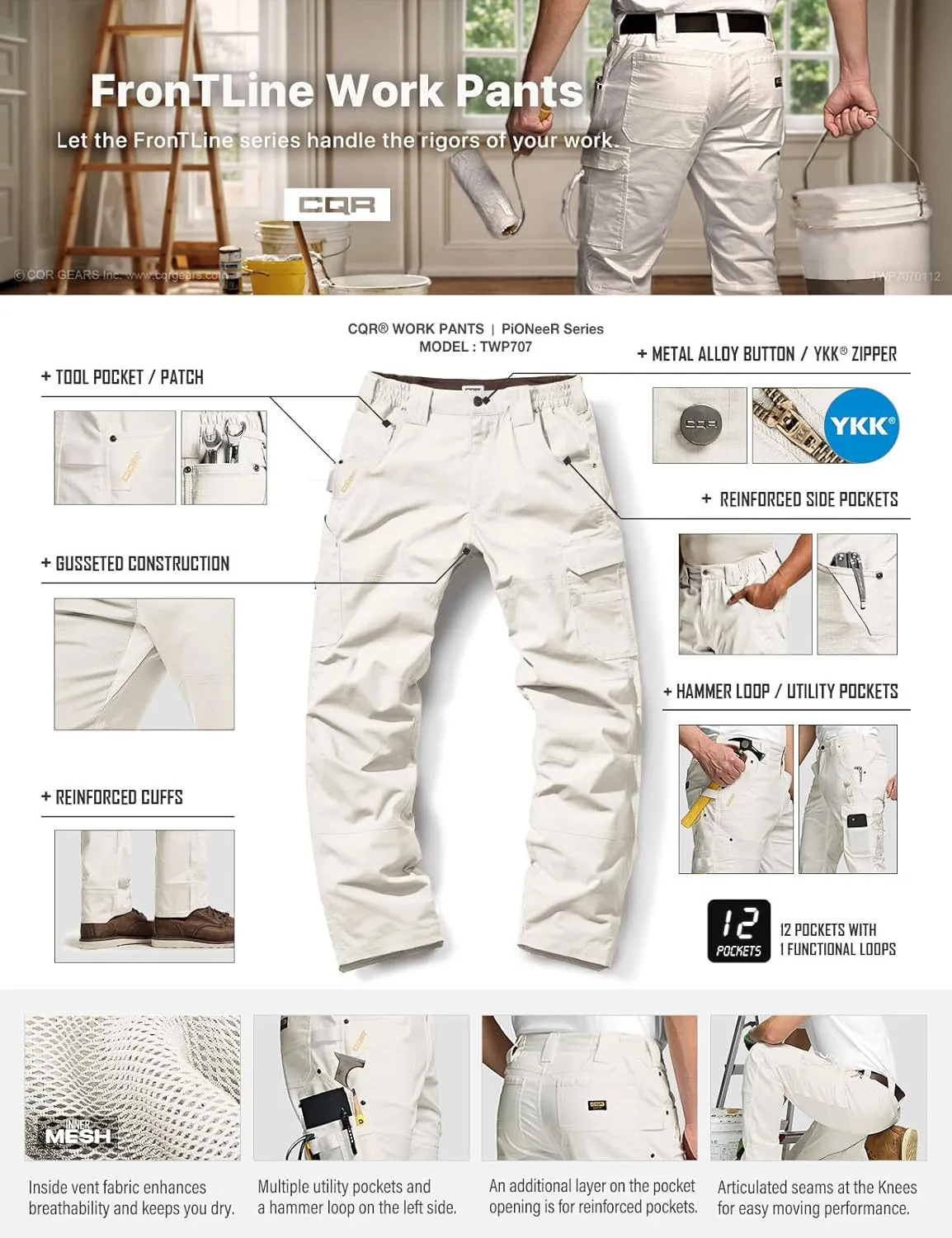 CQR Men's Flex Ripstop Work Pants, Water Resistant Tactical Pants, Outdoor Utility Operator EDC Cargo Pants