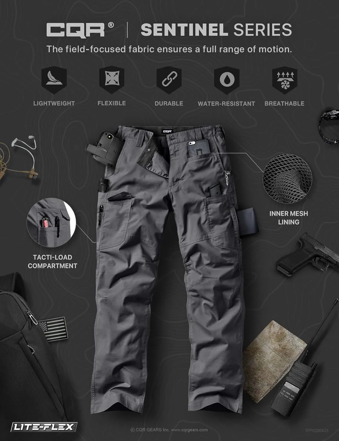 CQR Men's Utility Flex Cargo Pants, Classic-Fit Casual Stretch Work Pants, Water Resistant Lightweight Tactical Hiking Pants