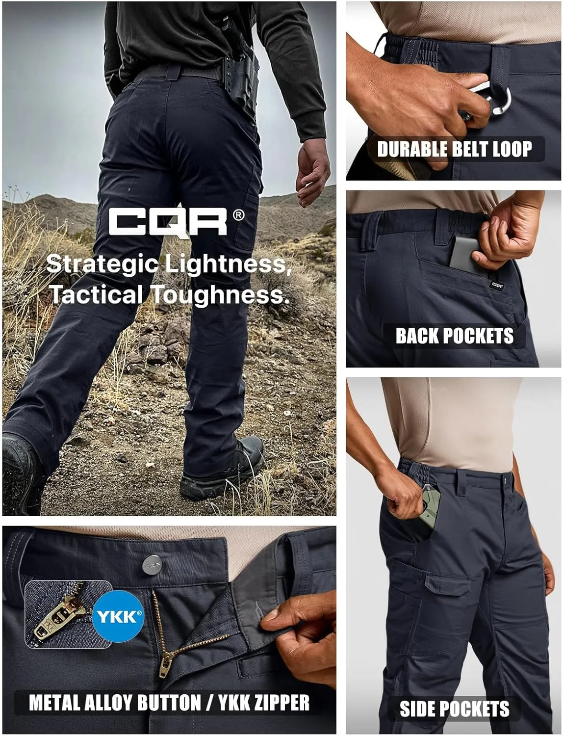 CQR Men's Utility Flex Cargo Pants, Classic-Fit Casual Stretch Work Pants, Water Resistant Lightweight Tactical Hiking Pants