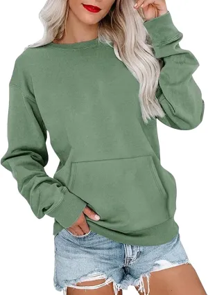 Crewneck Sweatshirts Women Fleece Sweatshirt with Pocket Long Sleeve Shirts Hoodies Pullover Cute Sweaters Tops