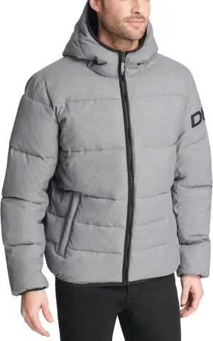 DKNY Men's Water Resistant Ultra Loft Hooded Logo Puffer Jacket (Standard and Big & Tall), New Heather Grey, Small