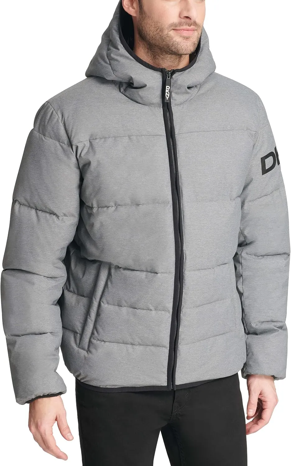DKNY Men's Water Resistant Ultra Loft Hooded Logo Puffer Jacket (Standard and Big & Tall), New Heather Grey, Small