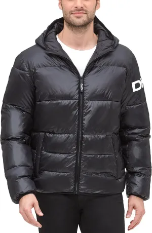 DKNY Men's Water Resistant Ultra Loft Hooded Logo Puffer Jacket (Standard and Big & Tall)