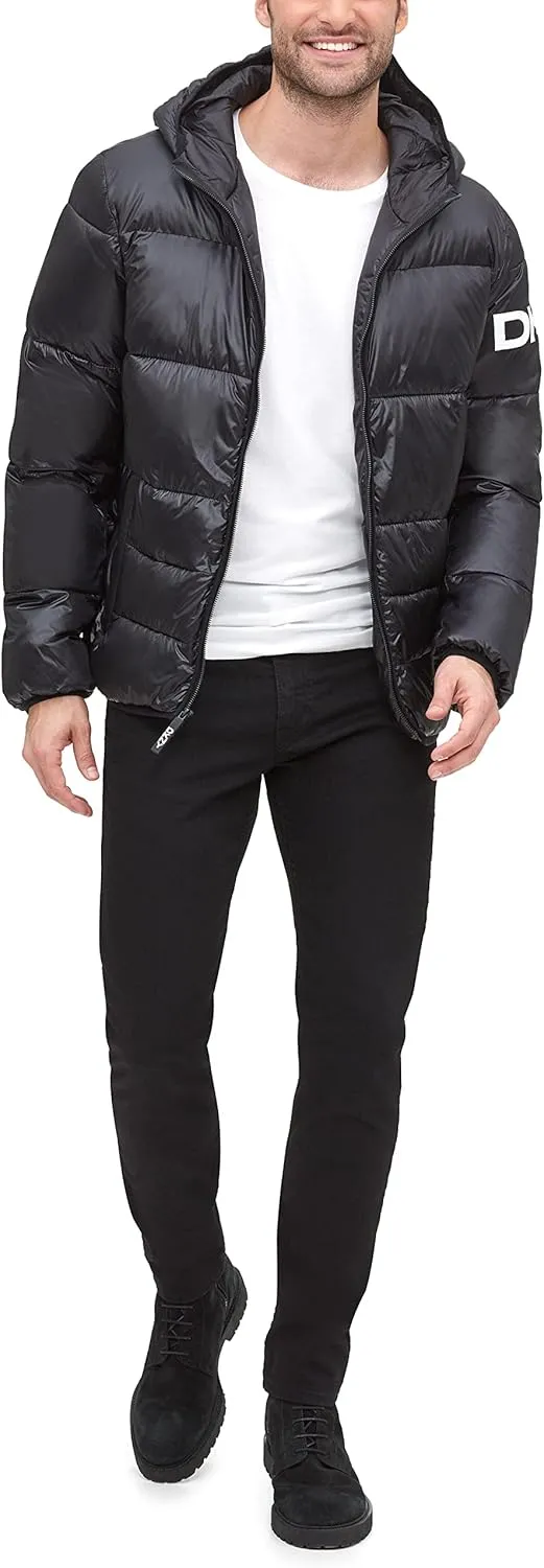 DKNY Men's Water Resistant Ultra Loft Hooded Logo Puffer Jacket (Standard and Big & Tall)