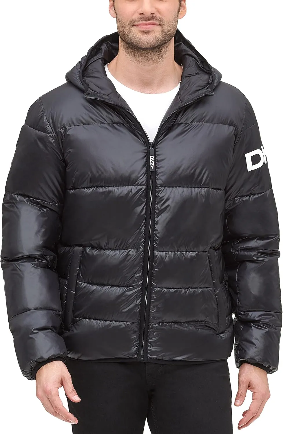 DKNY Men's Water Resistant Ultra Loft Hooded Logo Puffer Jacket (Standard and Big & Tall)