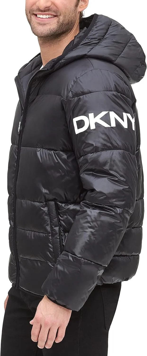 DKNY Men's Water Resistant Ultra Loft Hooded Logo Puffer Jacket (Standard and Big & Tall)