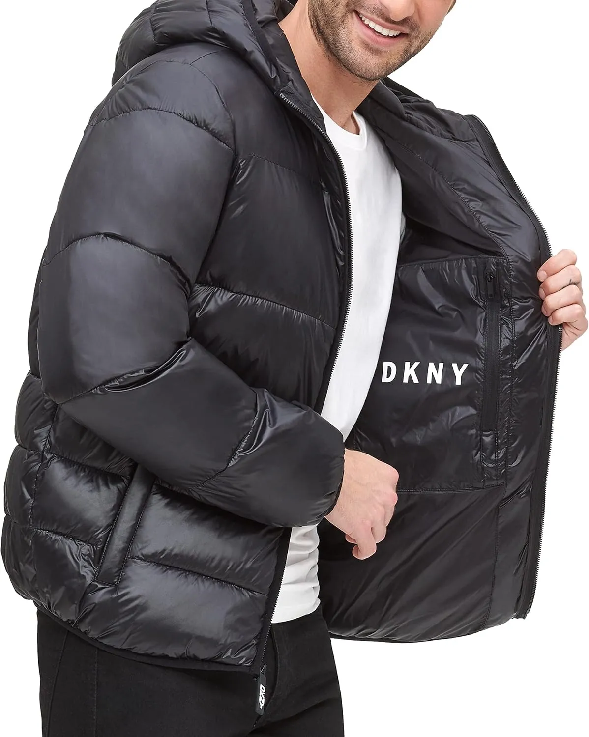 DKNY Men's Water Resistant Ultra Loft Hooded Logo Puffer Jacket (Standard and Big & Tall)
