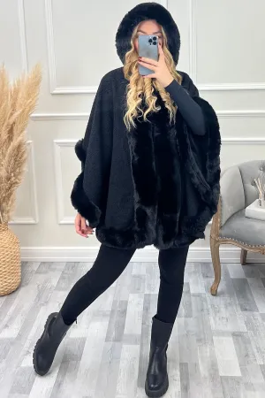 Drew Black Faux Fur Trim Open Hooded Cape