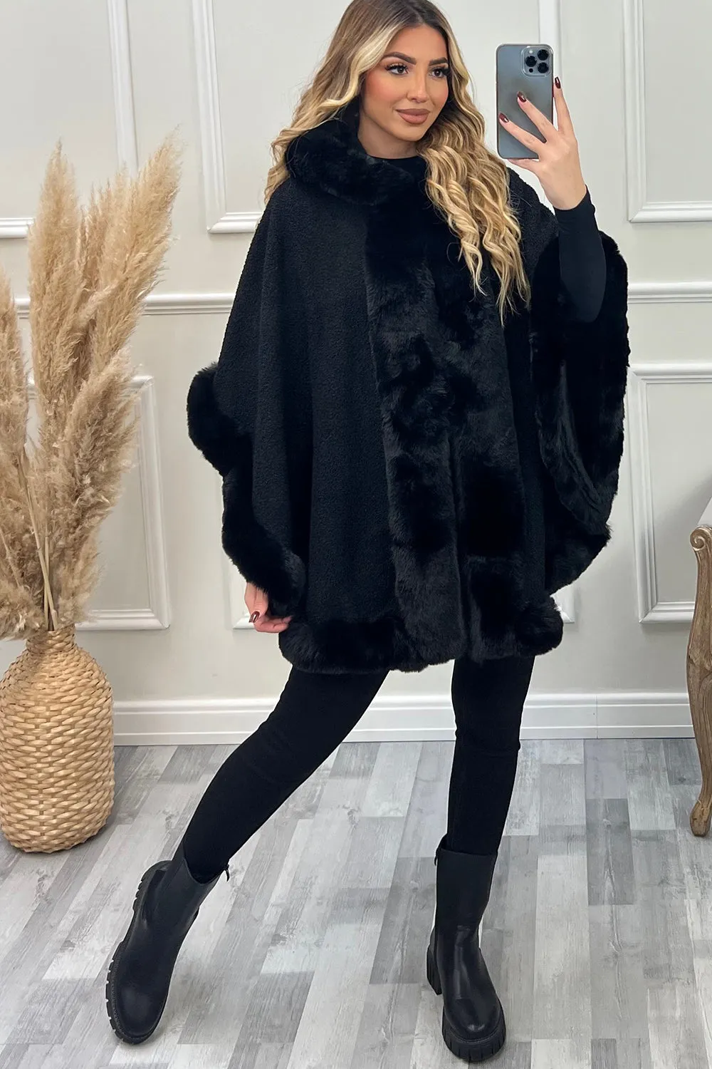 Drew Black Faux Fur Trim Open Hooded Cape