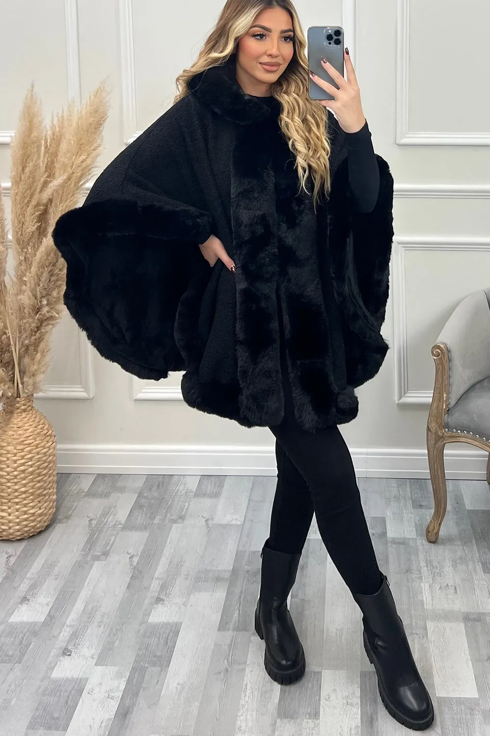 Drew Black Faux Fur Trim Open Hooded Cape