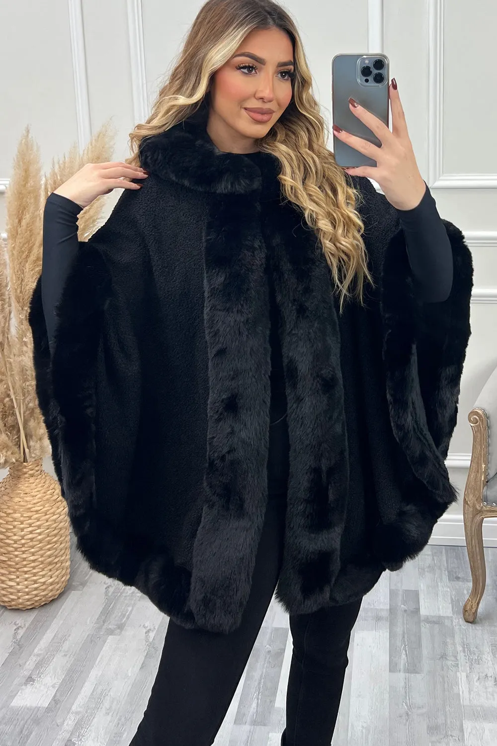 Drew Black Faux Fur Trim Open Hooded Cape
