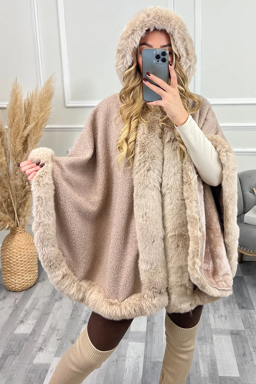 Drew Blush Pink Faux Fur Trim Open Hooded Cape