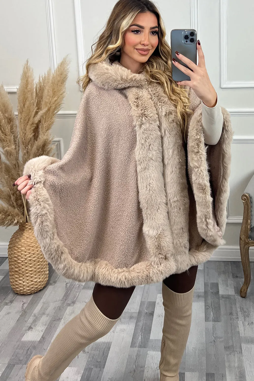 Drew Blush Pink Faux Fur Trim Open Hooded Cape