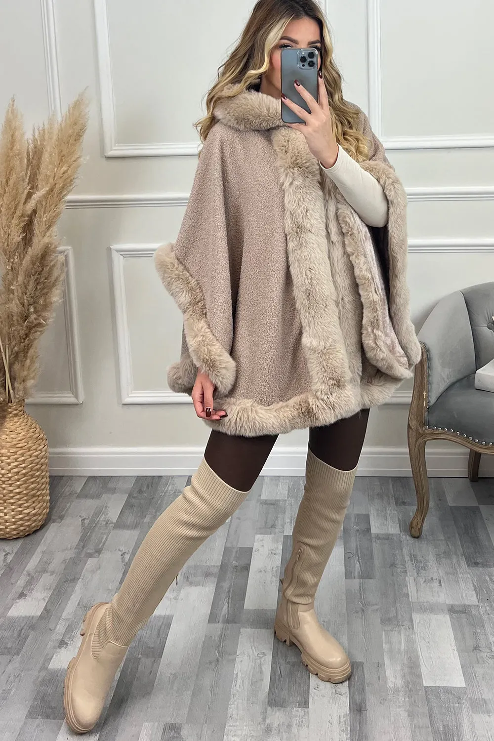Drew Blush Pink Faux Fur Trim Open Hooded Cape