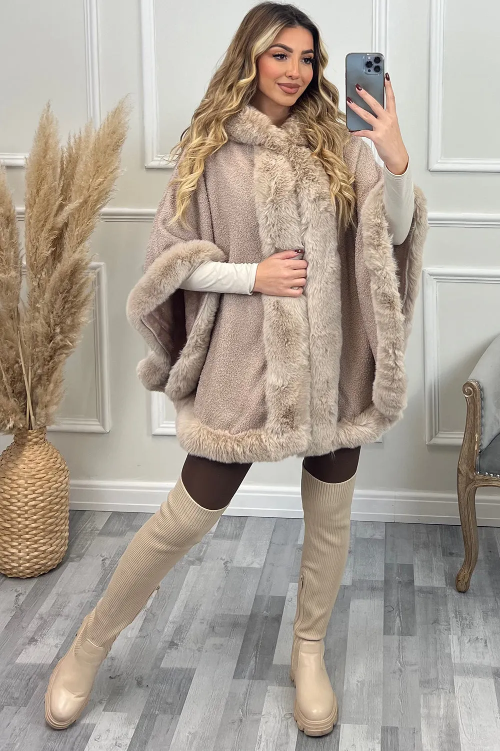 Drew Blush Pink Faux Fur Trim Open Hooded Cape