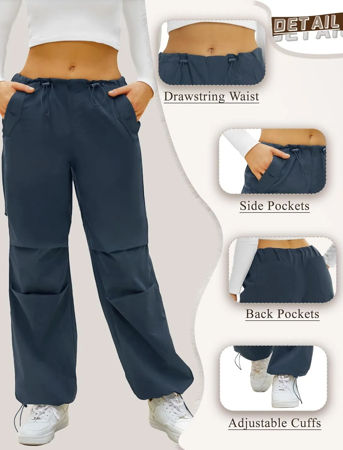 FireSwan Women's Parachute Pants Baggy Cargo Pants Wide Leg Y2K Pants with 4 Pockets Outdoor Travel Casual Hiking