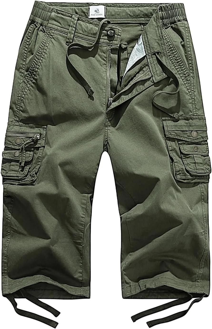 FOURSTEEDS Women's Mid Rise Cargo Capris Elastic Waist Drawstring Multi Pocket Working Tactical Hiking Cropped Cargo Pants