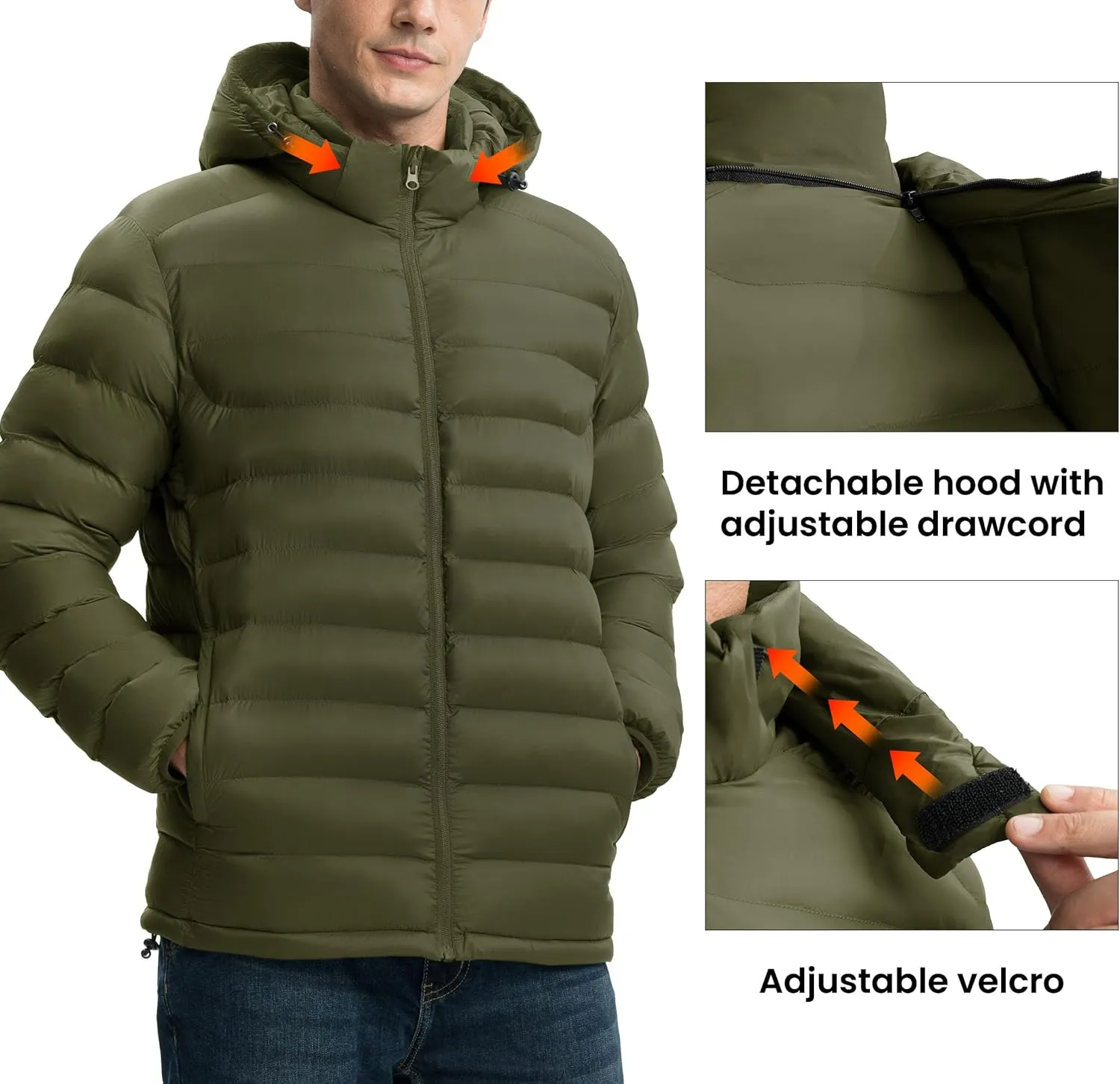 Gopune Men's Lightweight Puffer Jacket Detachable Hooded Water Resistant Puffy Winter Down Jackets for Snow Ski Travel