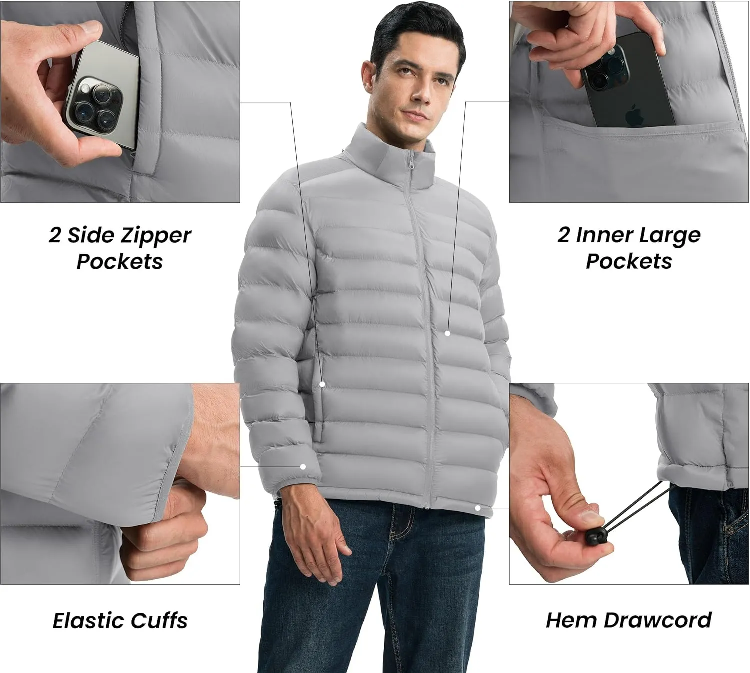 Gopune Men's Lightweight Puffer Jacket Detachable Hooded Water Resistant Puffy Winter Down Jackets for Snow Ski Travel