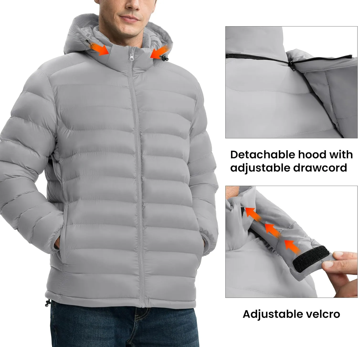 Gopune Men's Lightweight Puffer Jacket Detachable Hooded Water Resistant Puffy Winter Down Jackets for Snow Ski Travel