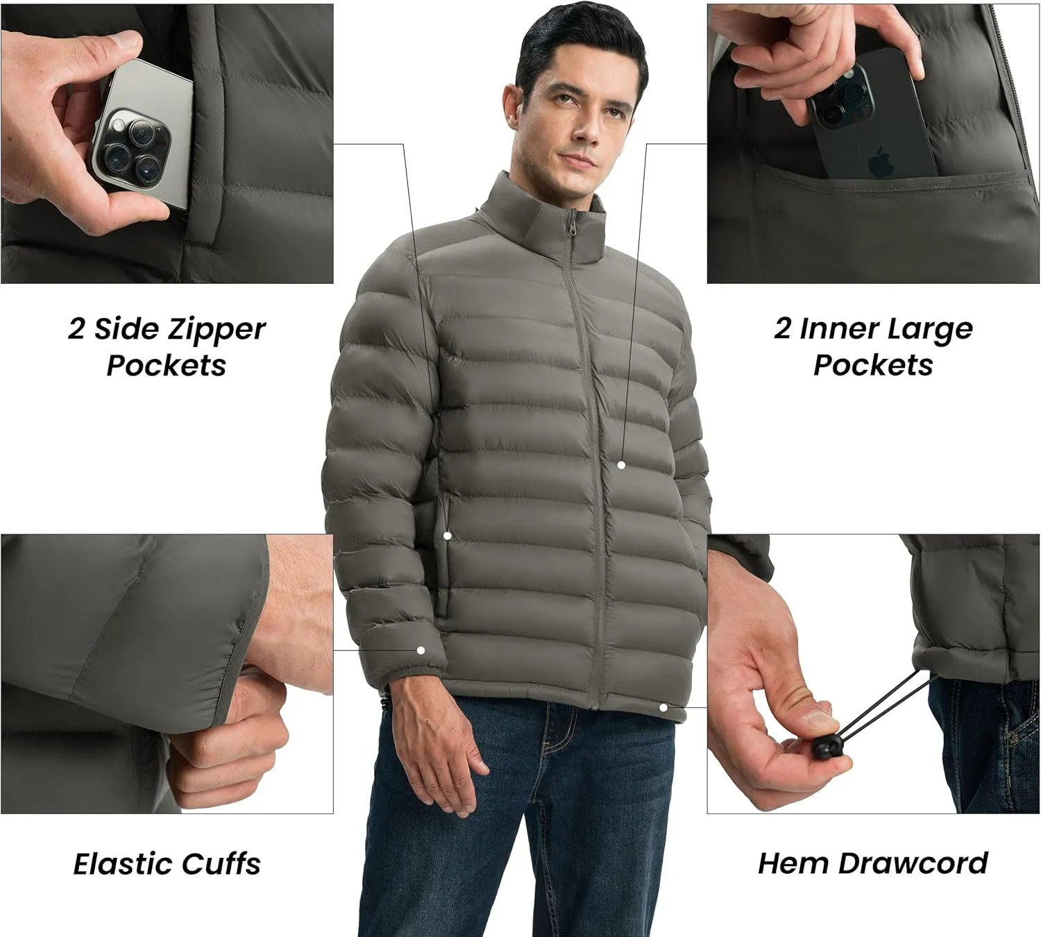 Gopune Men's Lightweight Puffer Jacket Detachable Hooded Water Resistant Puffy Winter Down Jackets for Snow Ski Travel