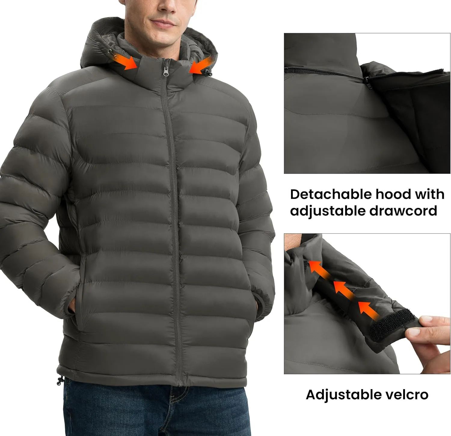 Gopune Men's Lightweight Puffer Jacket Detachable Hooded Water Resistant Puffy Winter Down Jackets for Snow Ski Travel